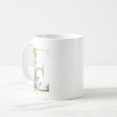 Mug E initiale dorée avec feuillage floral bleu (Devant gauche)