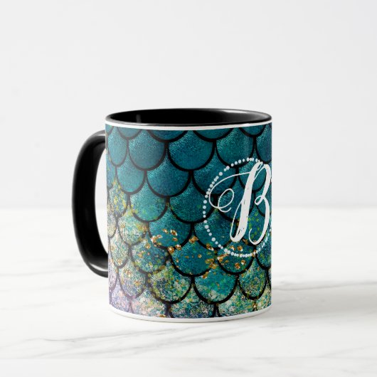 Mug Écaille de Poisson Sirène Glam Turquoise Violet Or (Devant gauche)