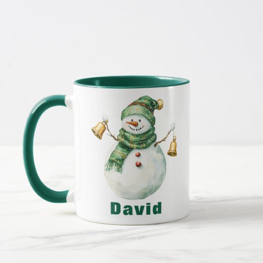 Mug Écharpe verte de Noël Snowman avec cloches (Gauche)