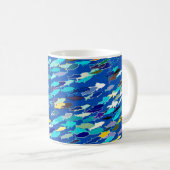 Mug École de poisson, bleu foncé, blanc et turquoise (Devant droit)