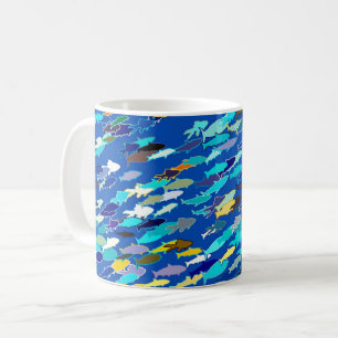 Mug École de poisson, bleu foncé, blanc et turquoise