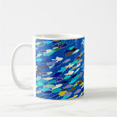 Mug École de poisson, bleu foncé, blanc et turquoise (Gauche)