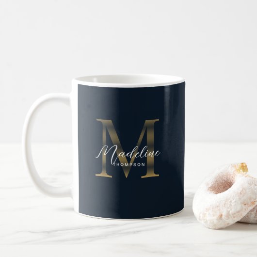 Mug Écriture Chic Métallic Bleu Nuit Or Monogramme (Avec donut)