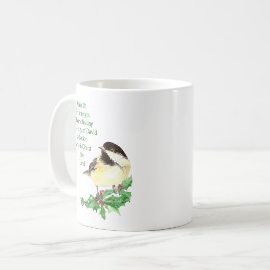 Mug Écriture chrétienne de Noël Chickadee Oiseau Art (Devant gauche)