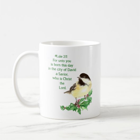 Mug Écriture chrétienne de Noël Chickadee Oiseau Art (Gauche)