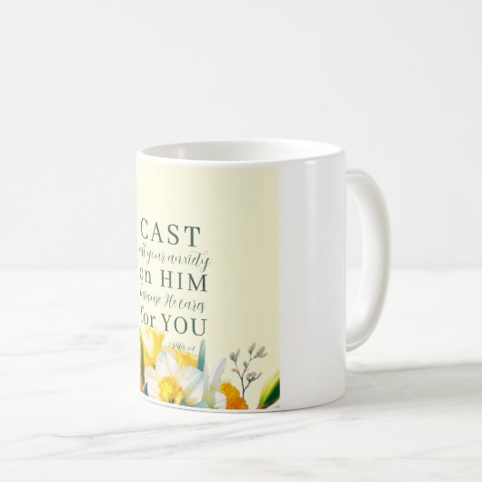 Mug Écriture florale 1 Pierre 5:7 (Devant droit)