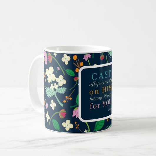 Mug Écriture florale 1 Pierre 5:7 (Devant gauche)