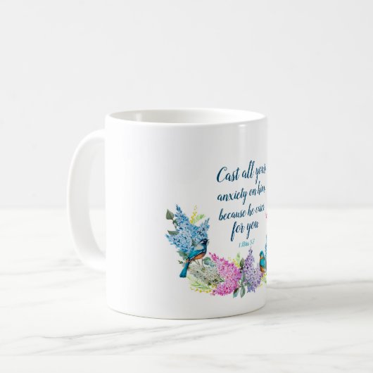 Mug Écriture florale moderne 1 Pierre 5:7 (Devant gauche)