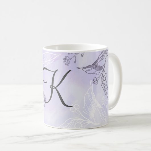 Mug Écriture Monogramme Blanc Gris Violet Floral (Devant droit)