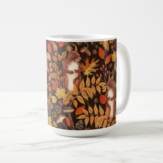 Mug Écureuils automnaux et flore sur brun foncé (Devant droit)