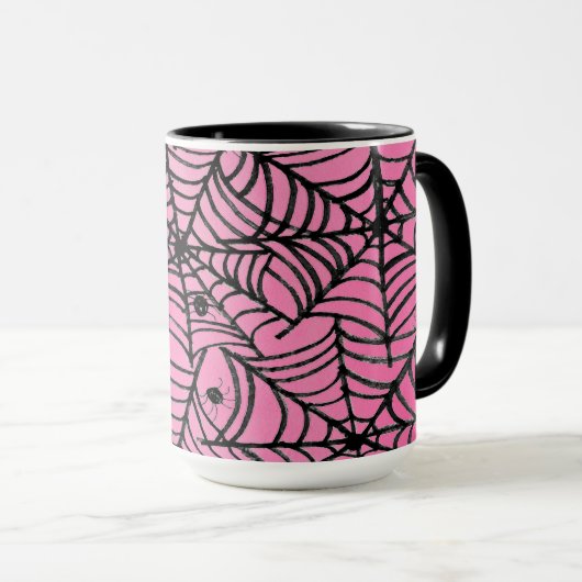 Mug Éffrayante Halloween Spider Webs sur rose (Devant droit)