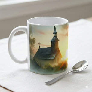 Mug Église au lever du soleil avec oiseaux dans un pré