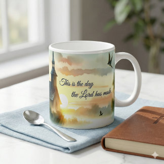 Mug Église au lever du soleil avec oiseaux dans une pr