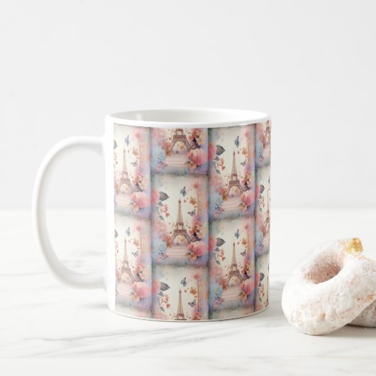 Mug Eiffel Tower Butterflies and Flowers Pattern (Avec donut)