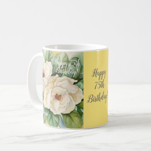 Mug Elégant 75e anniversaire Jaune Floral Magnolia Nom (Devant gauche)