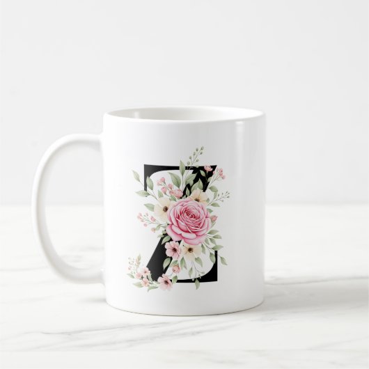 Mug Elegant Alphabet Coffee Cup with Pink Rose Design (Gauche)