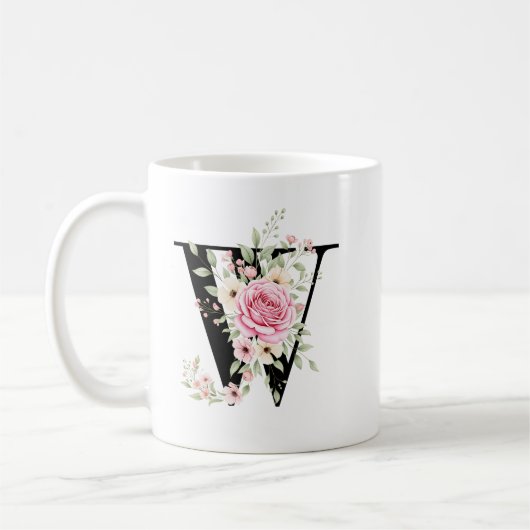 Mug Elegant Alphabet Coffee Cup with Pink Rose Design (Gauche)