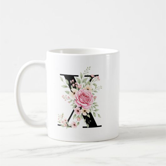 Mug Elegant Alphabet Coffee Cup with Pink Rose Design (Gauche)