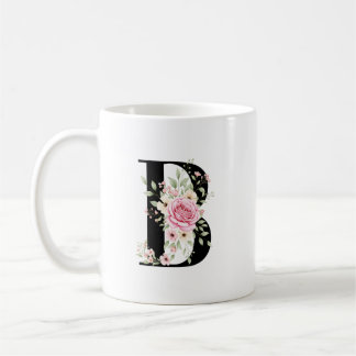 Mug Elegant Alphabet Coffee Cup with Pink Rose Design