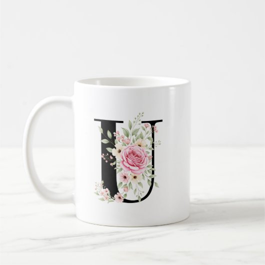 Mug Elegant Alphabet Coffee Cup with Pink Rose Design (Gauche)