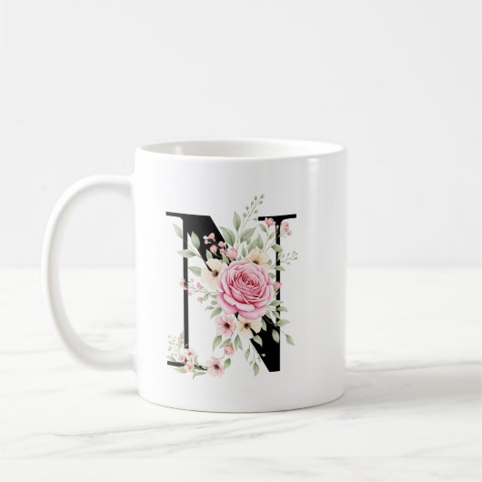 Mug Elegant Alphabet Coffee Cup with Pink Rose Design (Gauche)
