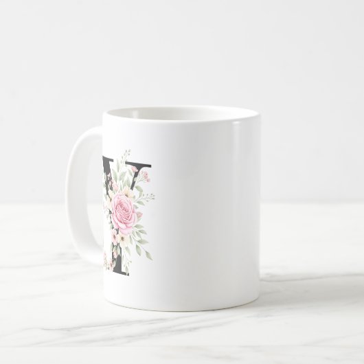 Mug Elegant Alphabet Coffee Cup with Pink Rose Design (Devant gauche)