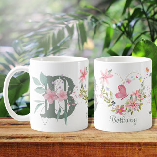 Mug Elégant aquarelle papillon floral Monogramme B