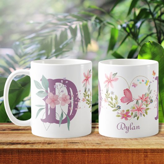 Mug Elégant aquarelle papillon floral Monogramme D