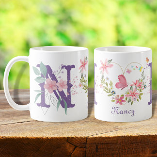 Mug Elégant aquarelle papillon floral Monogramme N