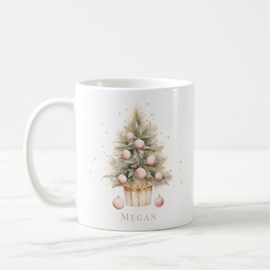 Mug Elégant Aquarelle rose doux Joyeux Arbre de Noël (Gauche)