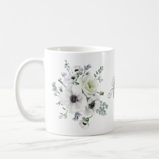 Mug Élégant blanc Anémones Protea Eucalyptus Nom (Gauche)