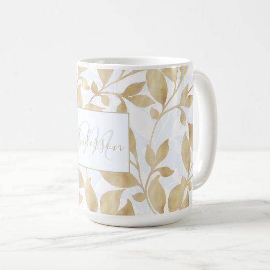 Mug Elégant Blanc Or Feuille verdure Botanique (Devant droit)