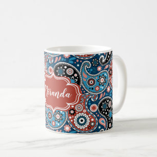 Mug Élégant Bleu et Rouge Paisley Imprimer texte perso