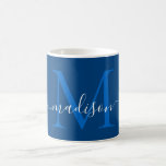 Mug Élégant bleu marine Monogramme blanc Script élégan<br><div class="desc">Élégant bleu marine Monogramme blanc Script élégant café noir Mug</div>