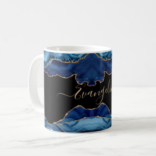 Mug Élégant Blue Gold Agate Nom du script (Devant gauche)