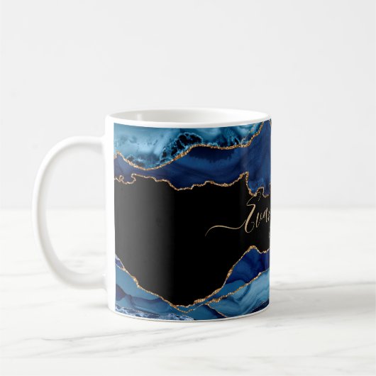 Mug Élégant Blue Gold Agate Nom du script (Gauche)
