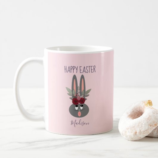 Mug Elégant Blush Pink Bunny de Pâques Personnalisé (Avec donut)