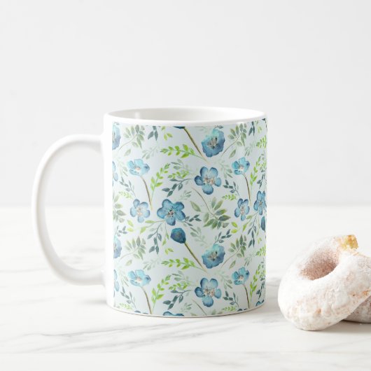 Mug Elégant Boho bleu vert Aquarelle Fleurs (Avec donut)