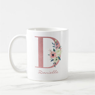 Mug Élégant bouquet de fleurs lettre D rose et ivoire