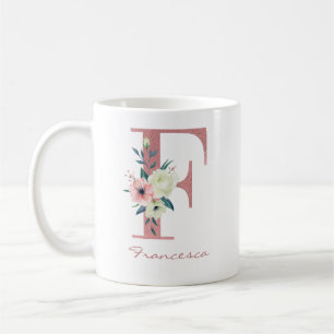 Mug Élégant bouquet de fleurs lettre F rose et ivoire
