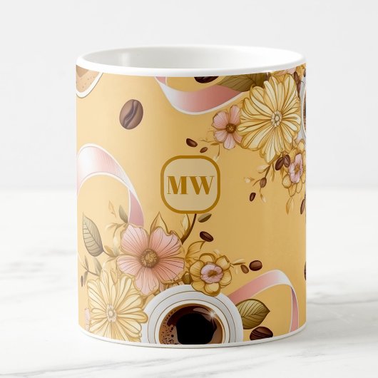 Mug Élégant café fleurs jaunes et ruban monogramme