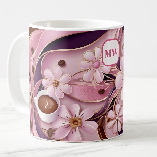 Mug Élégant café fleurs roses et ruban monogramme