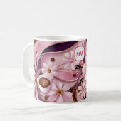 Mug Élégant café fleurs roses et ruban monogramme (Devant gauche)