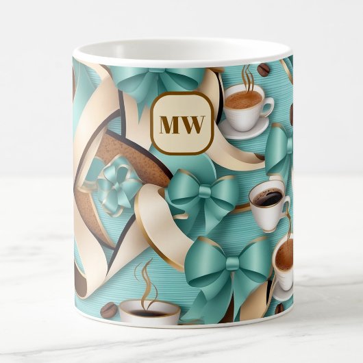 Mug Élégant café turquoise ruban arcs monogramme