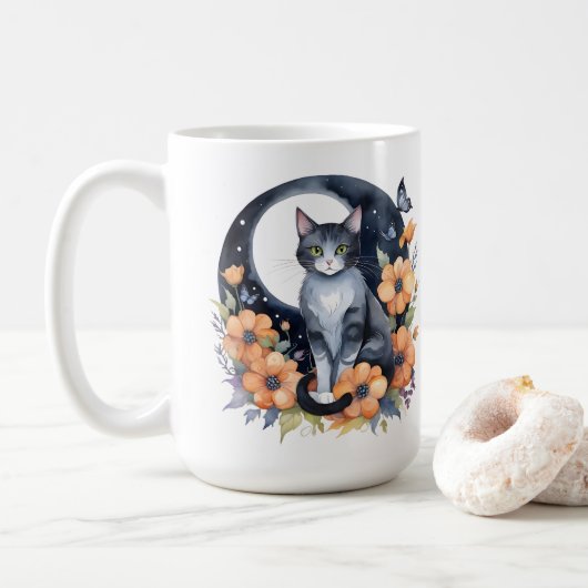 Mug Élégant Chat noir Floral Moon Art Amoureux des cha (Avec donut)