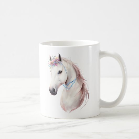 Mug Elégant Cheval Blanc avec Art Floral Couronne Impr (Droite)