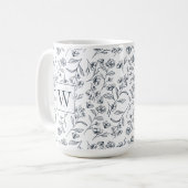 Mug Élégant Chic Bleu & Fleur Blanche Foliage Monogram (Devant gauche)