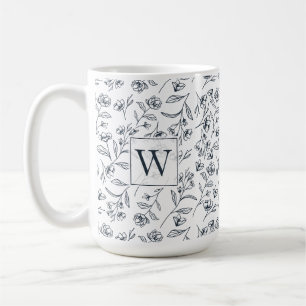 Mug Élégant Chic Bleu & Fleur Blanche Foliage Monogram