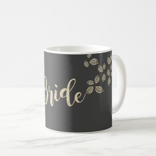 Mug Élégant Chic Feuilles d'Or, Mariée (Devant droit)