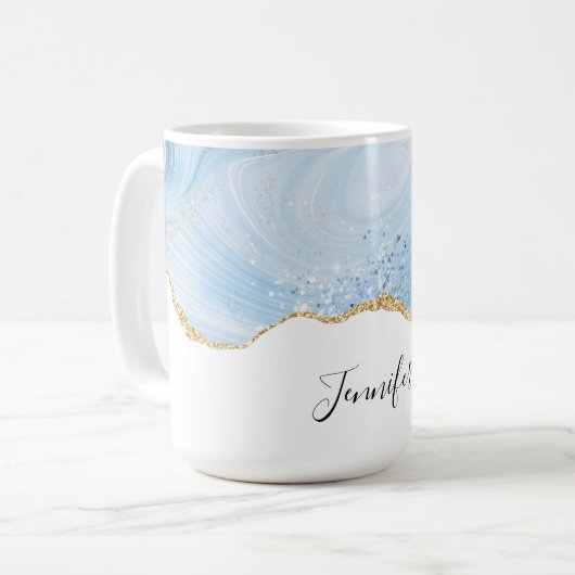 Mug Elégant Cool Bleu Agate et Parties scintillant Or  (Devant gauche)